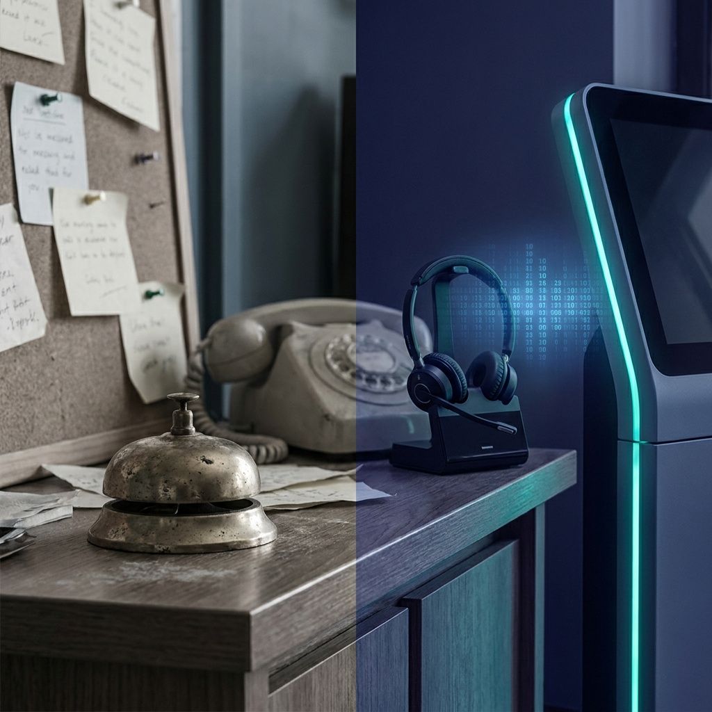 Split‑scene i en kontaktcenters lobby: gammelt papir‑beskedsystem til venstre, moderne headset‑kiosk til højre med cyan‑signal, indikerer før/efter i kundeservice med realtids‑STT.