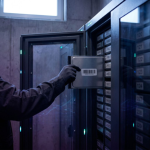 Nordisk arkivrum med en sikret arkivdør halvt åben; en anonym tekniker skubber anonymiseret drive‑bakke ind, dybe indigo‑skygger og cyan‑signalaccenter antyder data‑kontrol og lokal drift af åben model.
