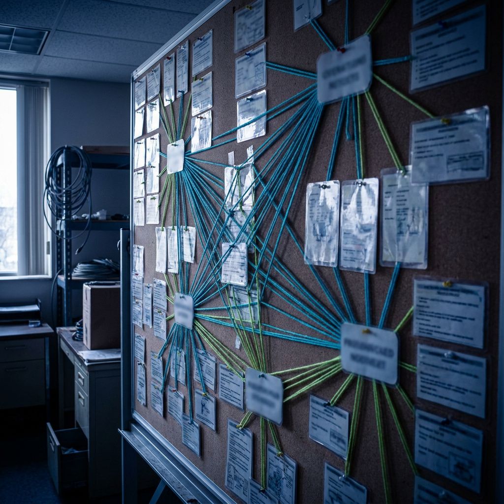 Anonymiseret systems‑map på en væg med farvekodet snor; metafor for retrieval, routing og MLOps‑design i drift af Command A+.