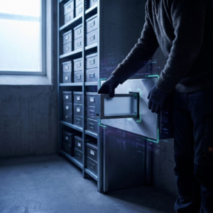 Nordisk arkivscene: en tekniker (kun torso) skubber en anonym patron ind i et kompakt indekschassis i et mørk lilla/cyan lys — symboliserer kompaktering af store vektorarkiver till on‑prem drift.