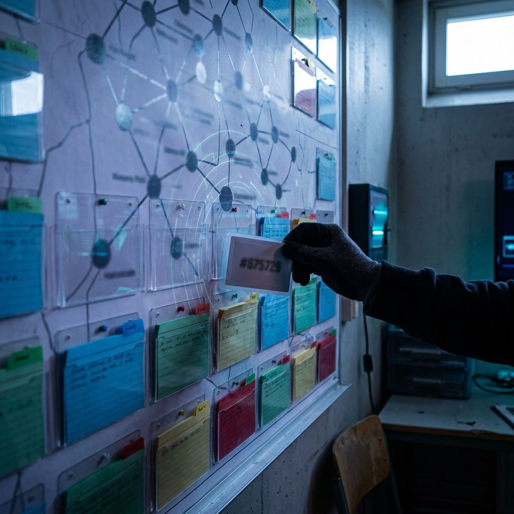 An operations wall med en anonymiseret retrieval‑map og en hånd, der indsætter et indekskort — visuelt metafor for routing og indekskomprimering.