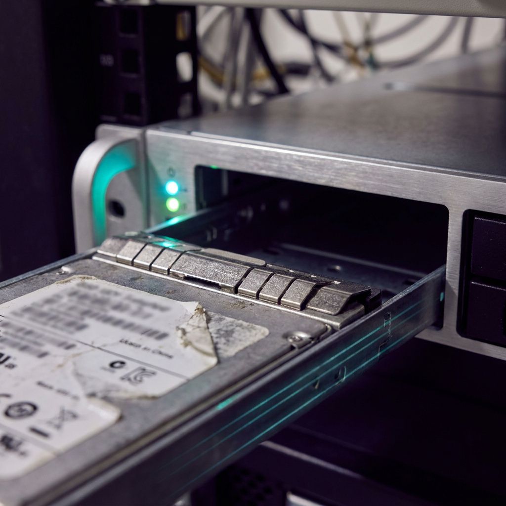 Nærbillede af en SSD‑skuffe i færd med at blive skubbet ind i et kompakt indekschassis — symbol på lille hardwarefodaftryk og disk‑backed fallback.