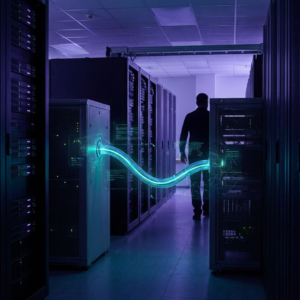 Aftenfoto af en låst operations-entré ved en nordisk havnebygning med cyan signal fra en RFID-læser og frostet glas, indigo stemning og subtile data-pulse overlays — symboliserer kontrol og adgang til SageMaker OpenAI-kompatible endpoints.