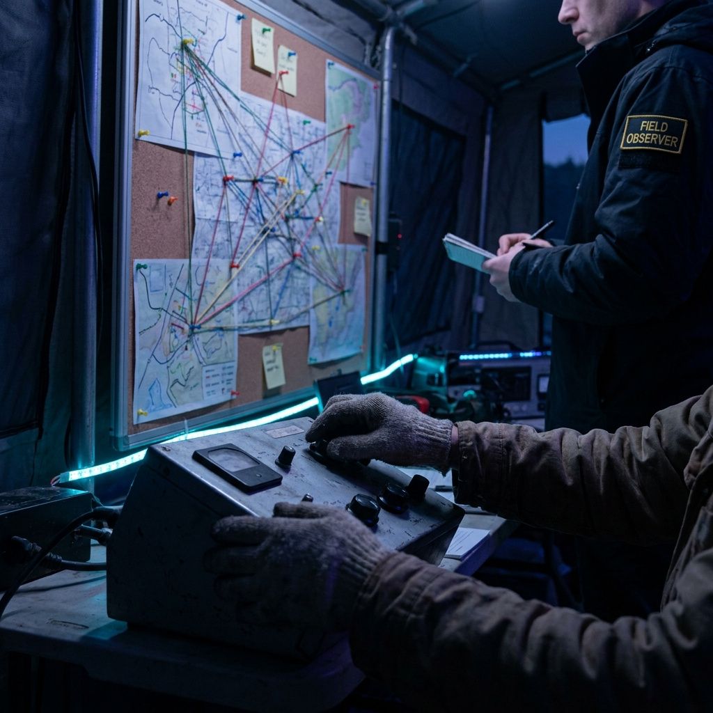 Mid-frame operations-scene: teknikere (torso/hænder) ved en vægmonteret systems-map og et åbent kabinet med anonym token-issuer, indigo og cyan tones.