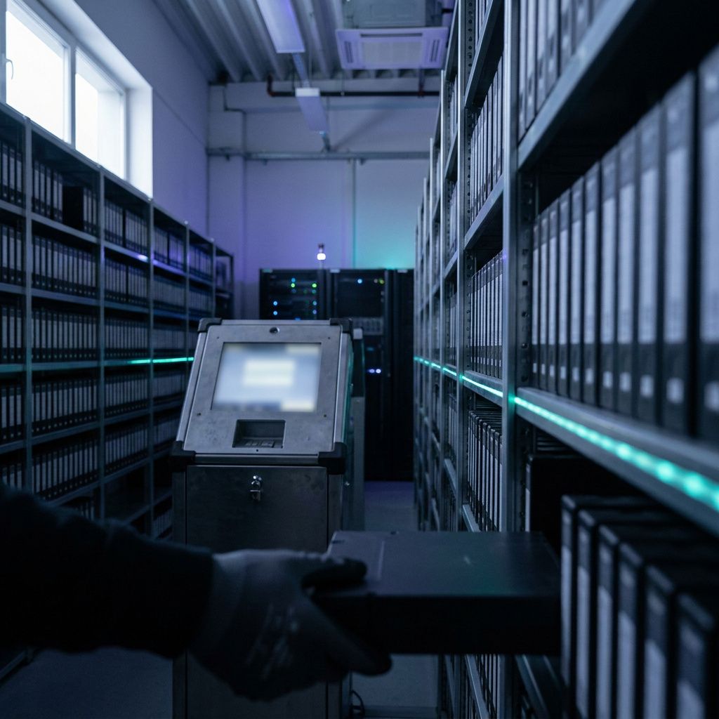 Arkivhylde og anonymiseret magazin-lade i et indeksrum, indigo/cyan behandling og diskret data-pulse overlay, symboliserer retrieval og provenance for multimodale systemer.