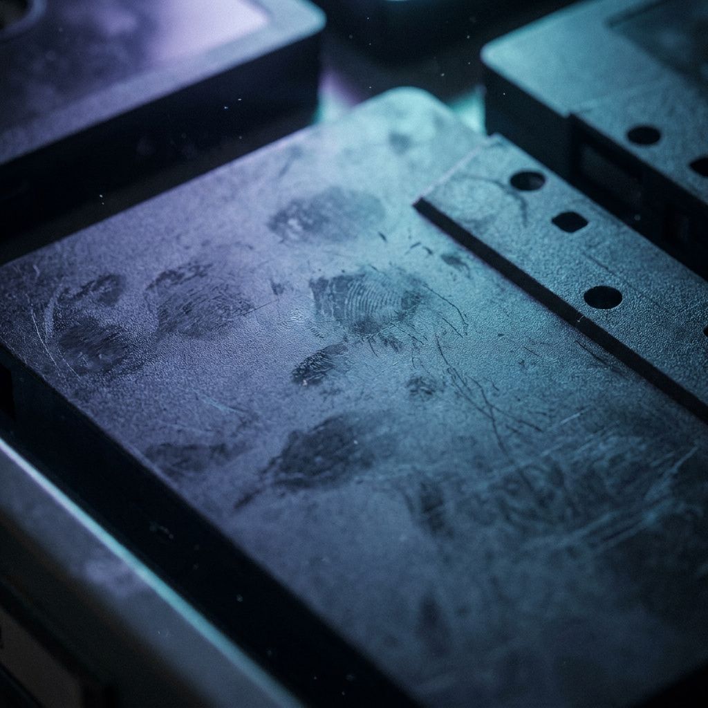 Makrodetalje af en anonym medietray/SSD-tray med slitage, indigo/cyan lys, symboliserer provenance og versionssporing.