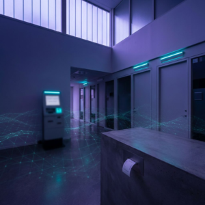 Redigeret foto af en nordisk offentlig servicehal ved skumring; et tomt billetkiosk-område med cyan/indigo signallys og en diskret data‑puls-overlay, der antyder automatiserede agentflows mellem kiosk og bagvedliggende kontorer.
