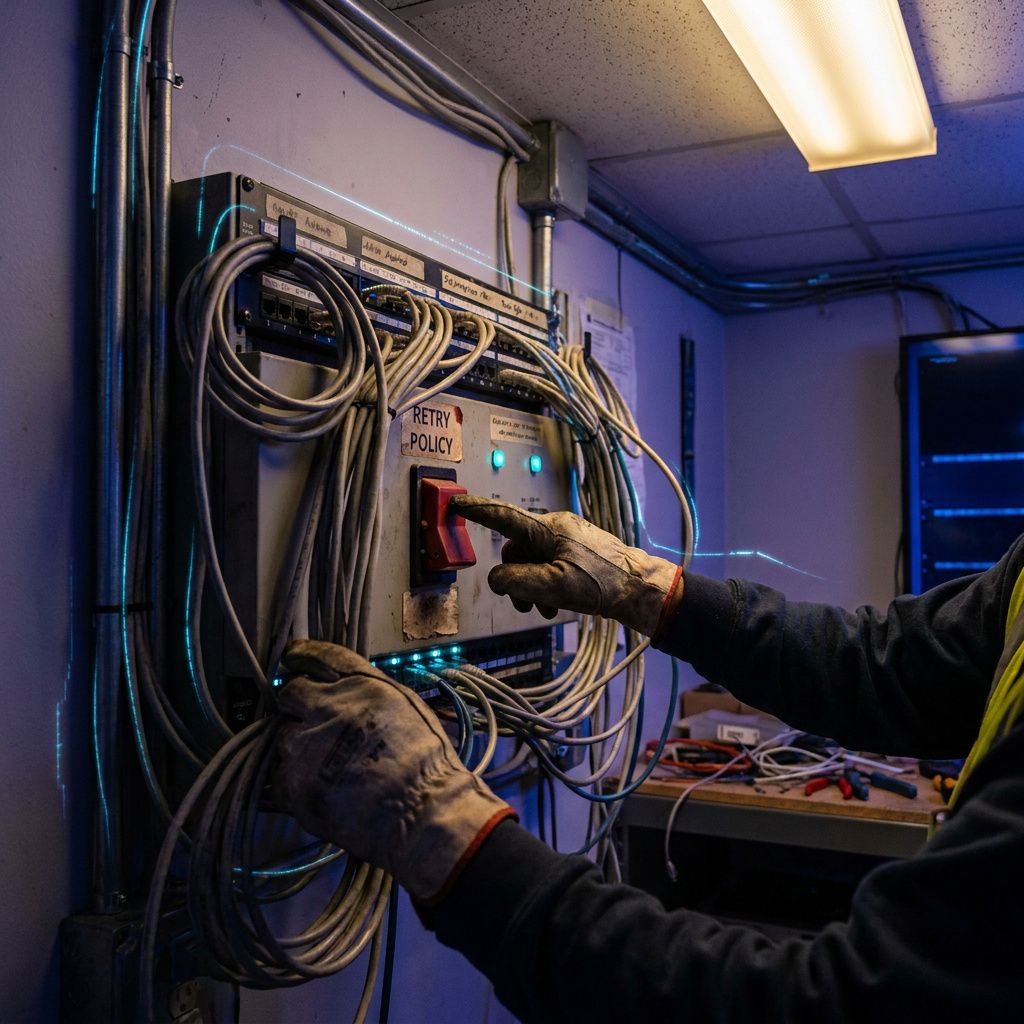 Mid-frame operationsbillede af en tekniker (kun torso og hænder) ved en væg med anonymiserede endpoint-tavler, der ændrer en 'retry'-kontakt, tonet i indigo og cyan.