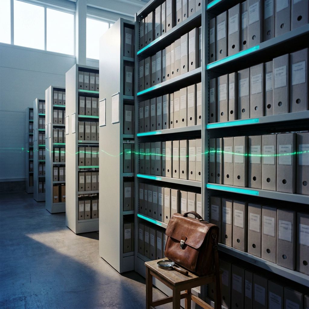 Arkivrum med neutrale hylder og cyan markører, indigo lys og subtile pulser, som metafor for agenternes retrieval og kolonnemetadata discovery.