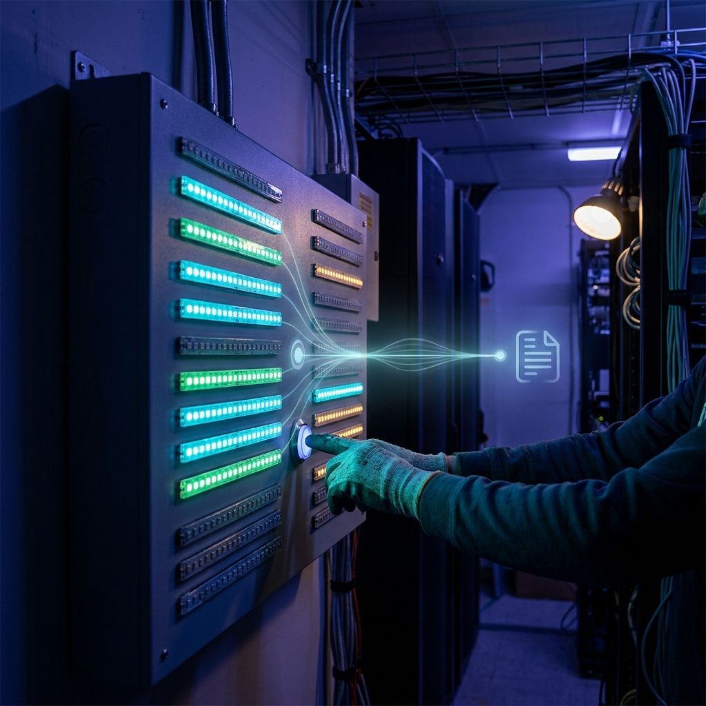 Hænder ved en vægmonteret release-kanal i et anonymt BI-ops-rum, indigo belysning og cyan accenter viser kontrolleret versionering og publikation.
