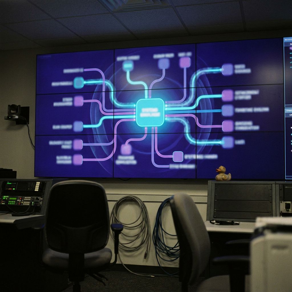 Anonymiseret systems-map på væg med farvekodede forbindelser i indigo og cyan, symboliserer API- og agent-routing mellem AgentCore, Strands og BI-laget.