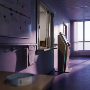 Editorial photo af en nordisk klinikindgang med et anonymt logprint på et skinne, masked patient-arm i sløret forgrund og en åben reception i baggrunden; indigo/cyan farvetone signalerer AI‑drift uden tekst.