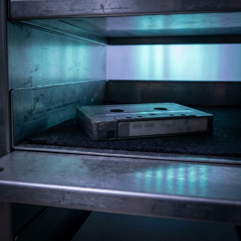 Anonymiseret arkivrum med neutrale hylder og en åben skuffe med et maskeret replay-kassette; indigo og cyan tone, signalerer audit og sporbarhed.
