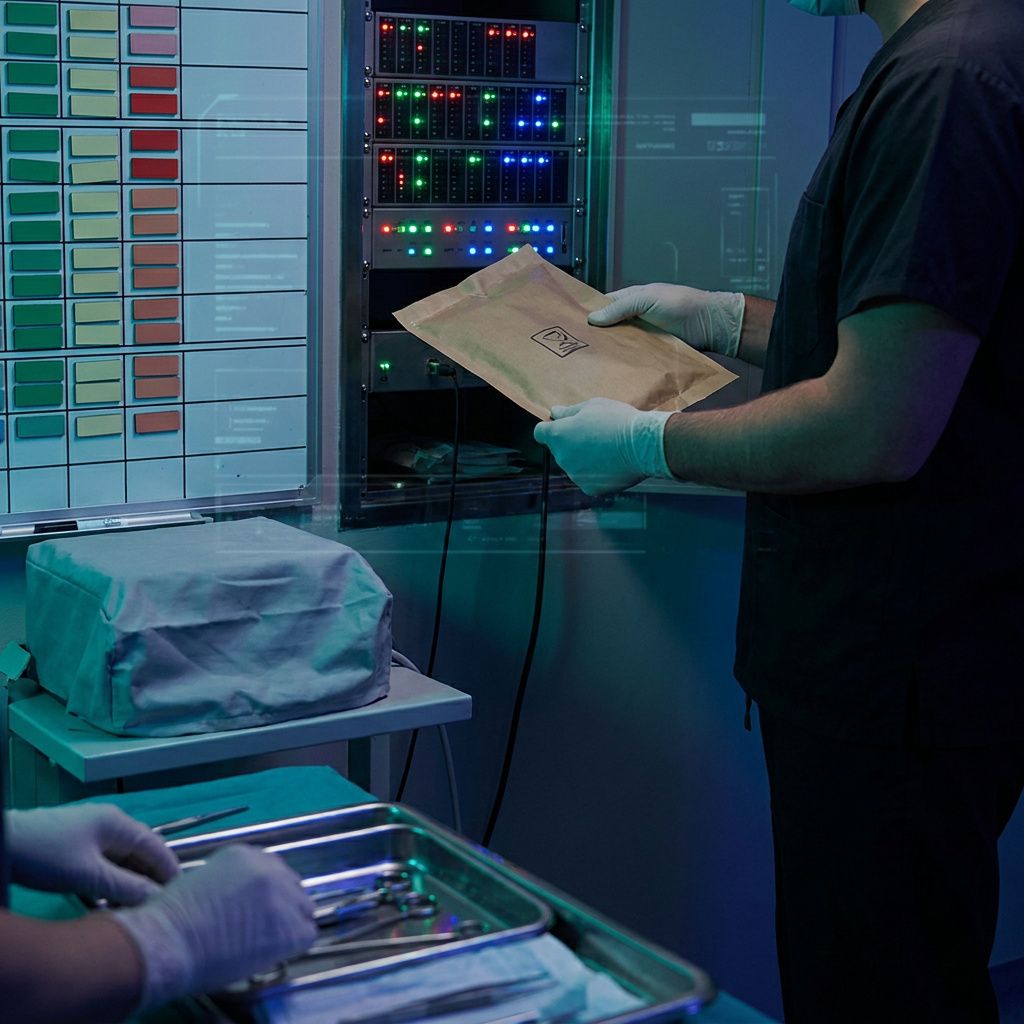 Tekniker (kun hænder) placerer en anonymiseret run-pakke i et vægrack i en hospitalsoperations-alkove; indigo/cyan tone, signalerer replay, rollback og drift.