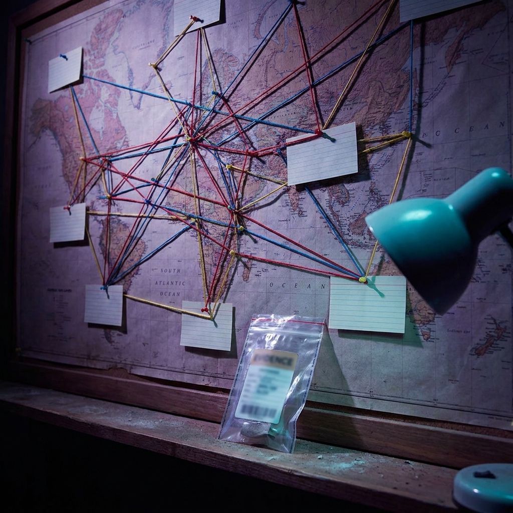 Anonymiseret systems-map i en hospitalsopsstue med farvede ruter og ikke-læsbar korrelationsprik; indigo/cyan toning indikerer sporing og datarouting.