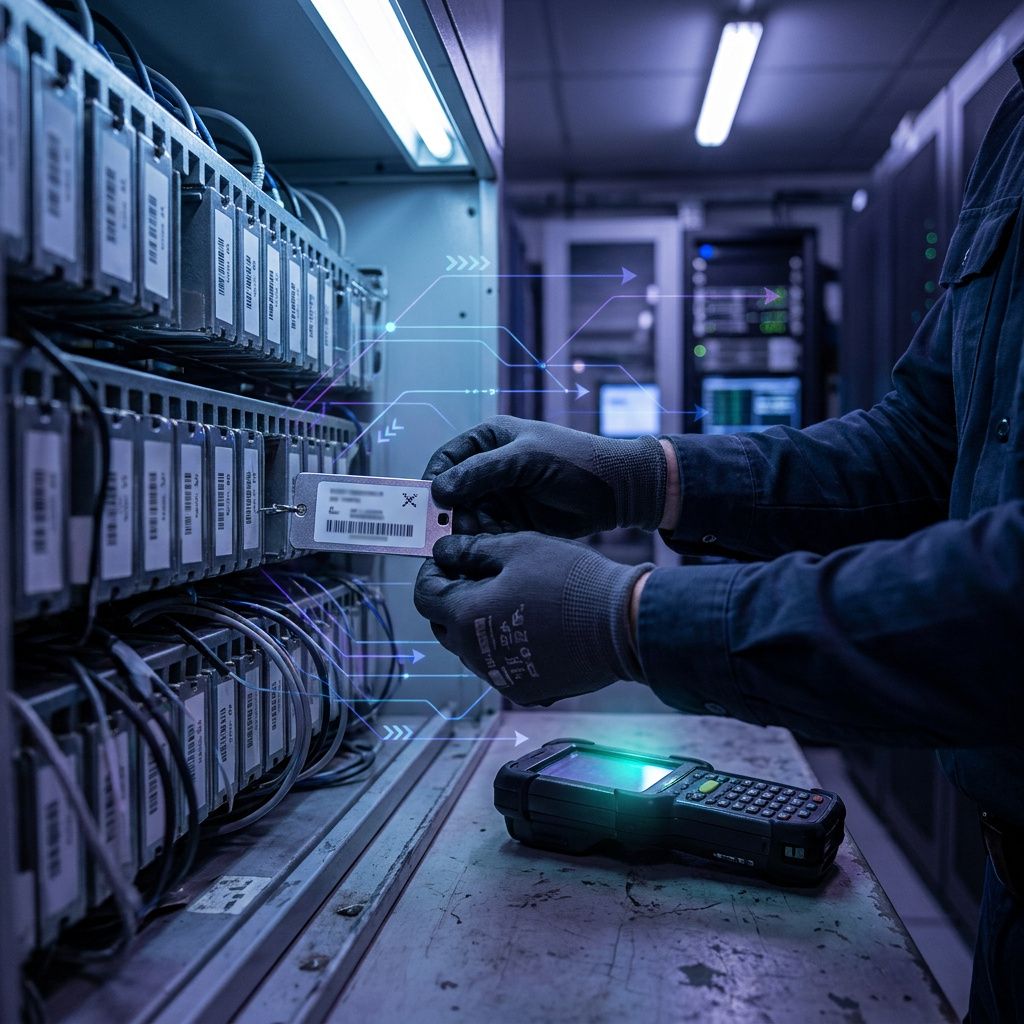 Arkivhylde med anonymiserede indekskassetter og teknikernes hænder, tonet i indigo og cyan, der illustrerer RAG/retrieval og 128K kontekst i enterprise‑flows.
