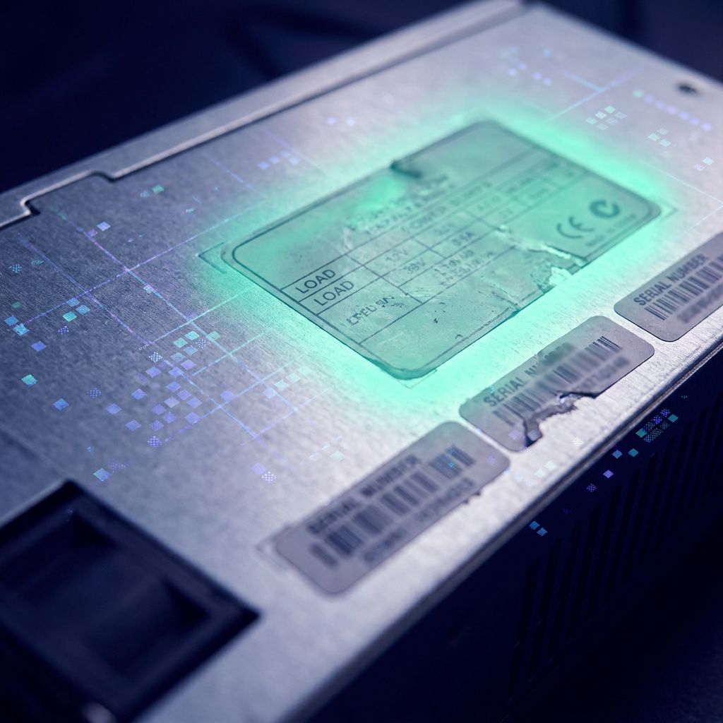 Makro af PSU‑område og termiske hotspots med et diskret 4‑bit 'grid' overlay i cyan og indigo — symboliserer kvantisering, hukommelses- og varme‑tradeoffs.