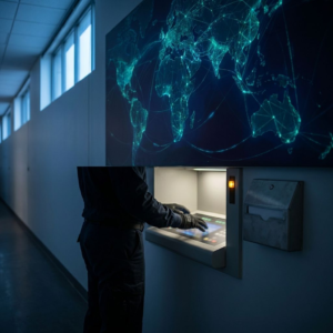 Nordisk arkivkorridor med en tekniker (kun torso og hænder) ved en anonymiseret indeksniche; dybe indigo skygger, cyan‑grønne signalaccents og subtile data‑pulser over en væg med abstrakte ejerskabskæder.
