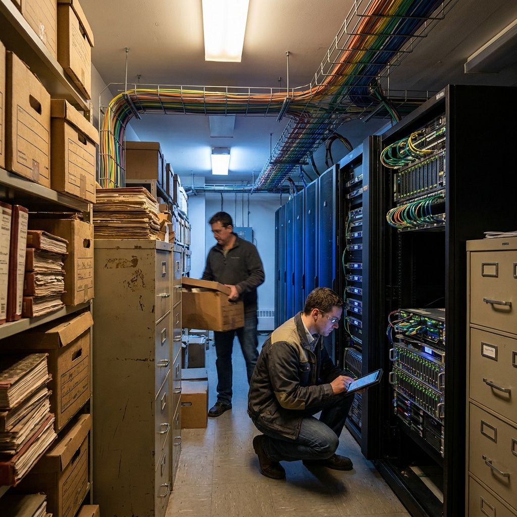 Modern arkivgang med anonymiserede kassetter og en hånd, der indsætter et indeksstykke; cyan og indigo lys, subtile data‑ribbons forbinder hylder.