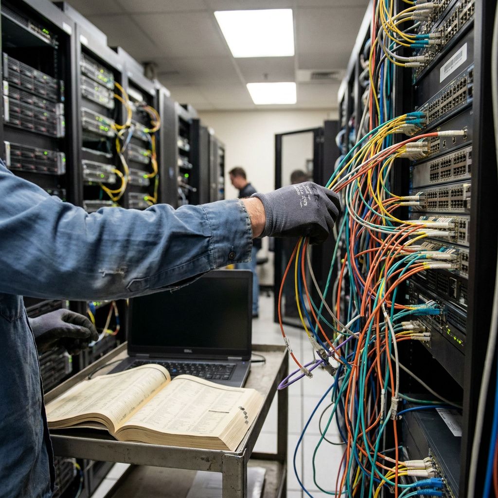 En tekniker skifter en status‑tile fra manuel til automatisk ved en anonymiseret API‑gateway‑panel; cyan og indigo lys antyder agenttrafikspids.