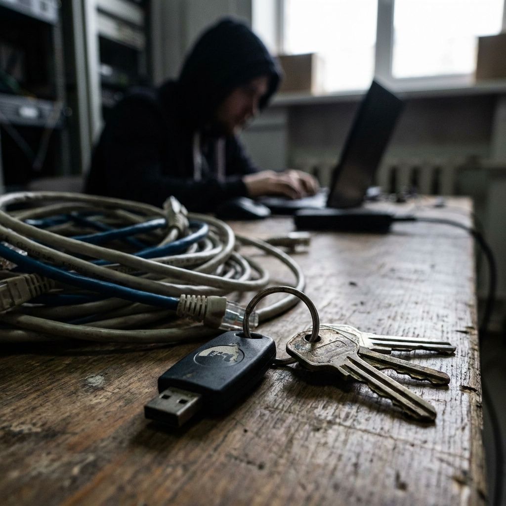 Operations-panel med anonymiserede noder og farvekodede pins der viser pakke-flow mellem registries, indigo og cyan accenter og subtile data-pulser.
