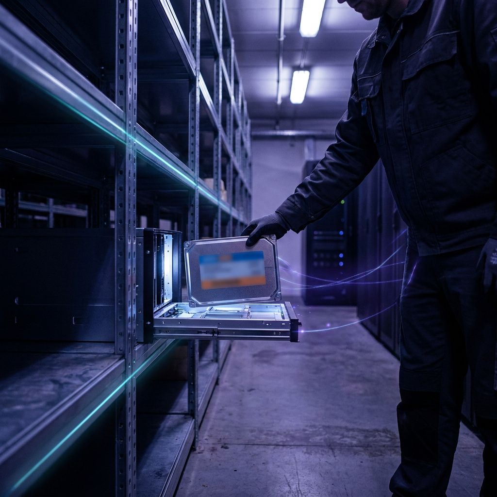 Arkiv‑indeksrum med anonymiseret indekskassette og cyan accentlys, symboliserer versioneret RAG og knowledge retrieval.