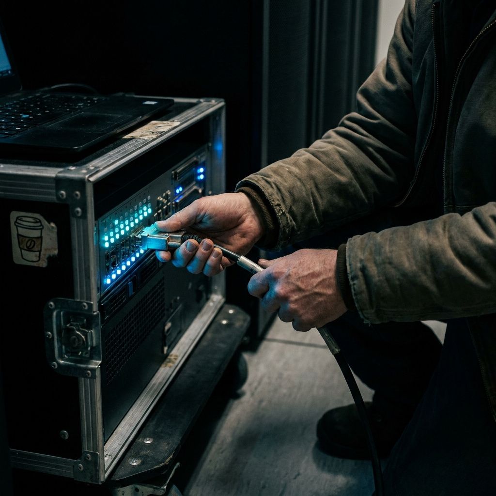 Support‑ops rum hvor en tekniker starter en test‑harness, cyan indikatorer og et anonymt runbook‑miljø, symbol på runtime persistence og lange integrationstests.