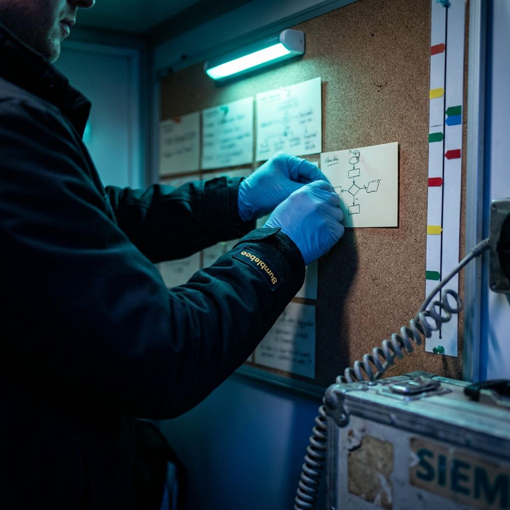 Incident response‑kule med en responder (kun torso og hænder) der sætter et anonymt playbook‑kort på en sløret ops‑tavle; indigo og cyan lys skaber presserende stemning.