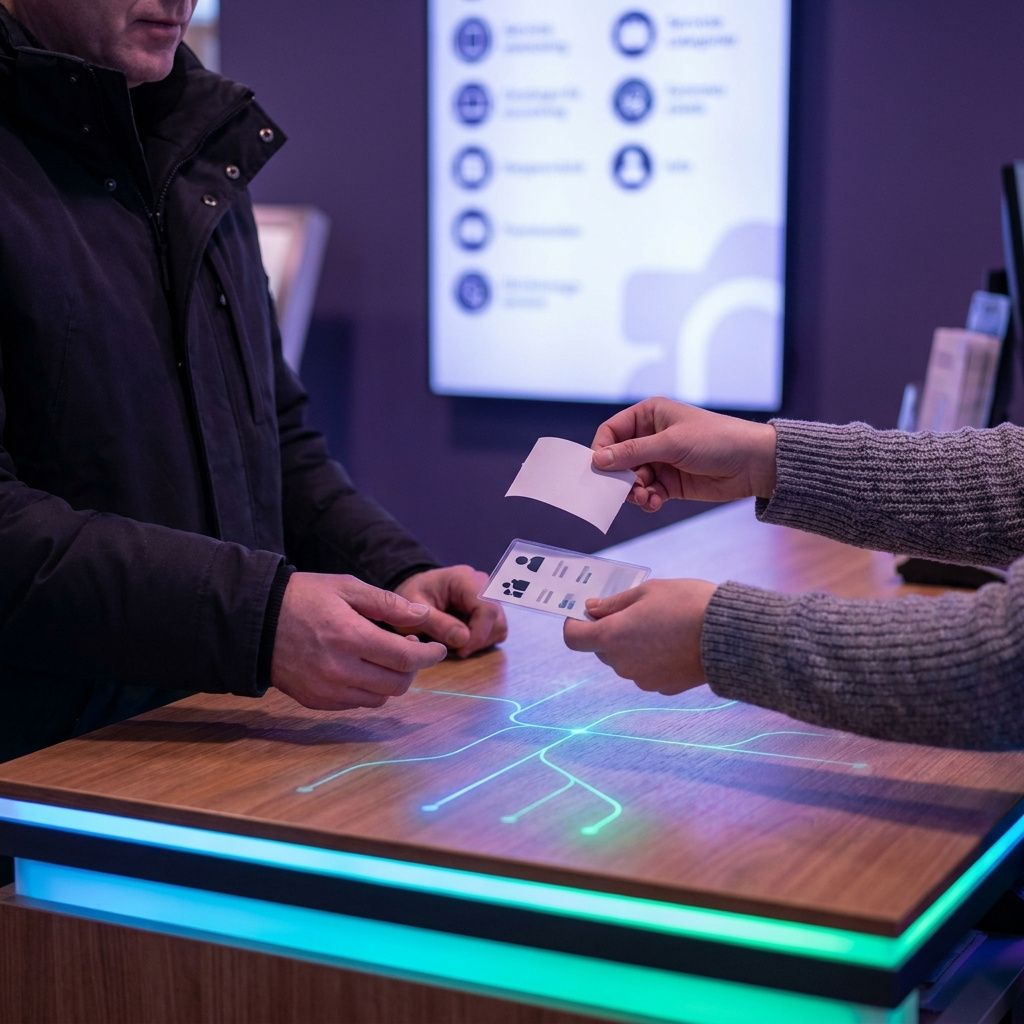 Mid-frame editorial photo at a municipal service counter: hands exchanging an anonymized info ticket, indigo-cyan mood and a faint data-pulse overlay suggesting retrieval flow.