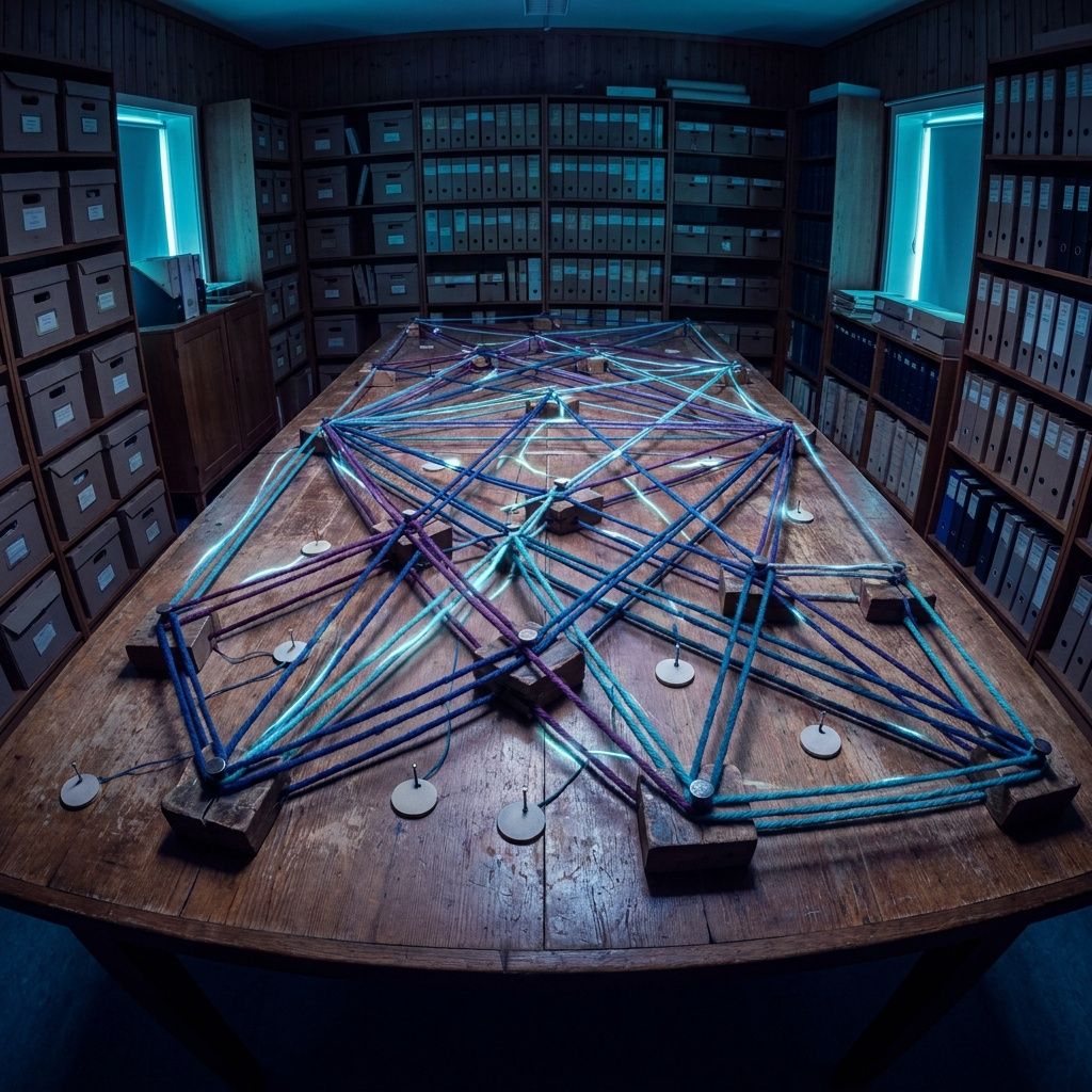 Fysisk routing‑tavle med anonymiserede ruter og farvede snore, metafor for data‑connectors og retrieval pipelines i Webwright‑løsninger.