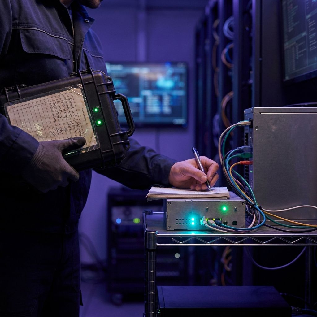 Ingeniør i halvt billede ved en testhylde, udfører en genstart-procedure med anonymt udstyr og en noteside uden læsbar tekst; lilla/indigo lys og cyan accenter.