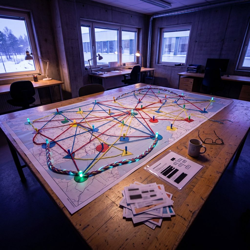 Routing map table med farvede markører og tråde, udviskede Markdown-kort og en lamineret sessionslog; indigo/cyan stemning og subtile data-pulser viser retrieval- og cache-ruter.