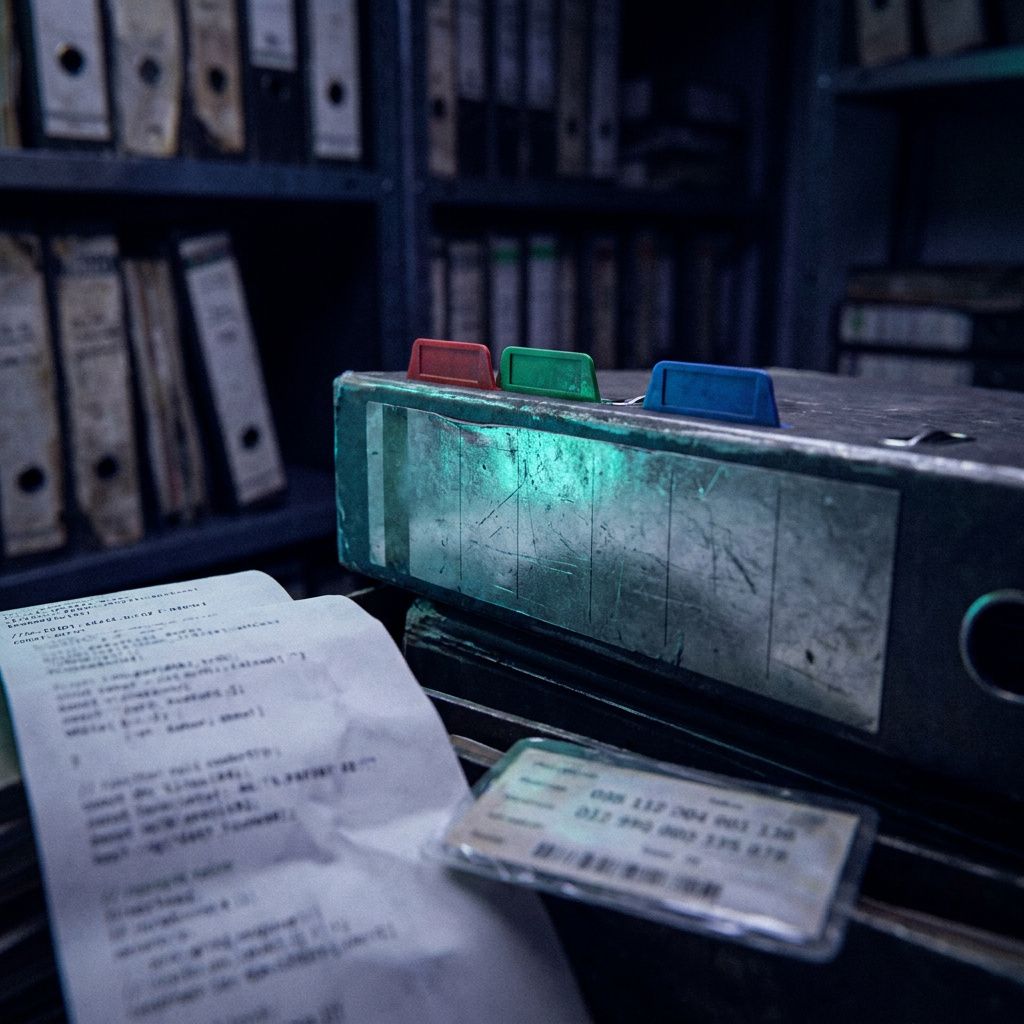 Nærbillede af anonym arkivryg med farvede faner i tre grupper; udvisket Python-print og checksum-kort i forgrunden, indigo/cyan lys.