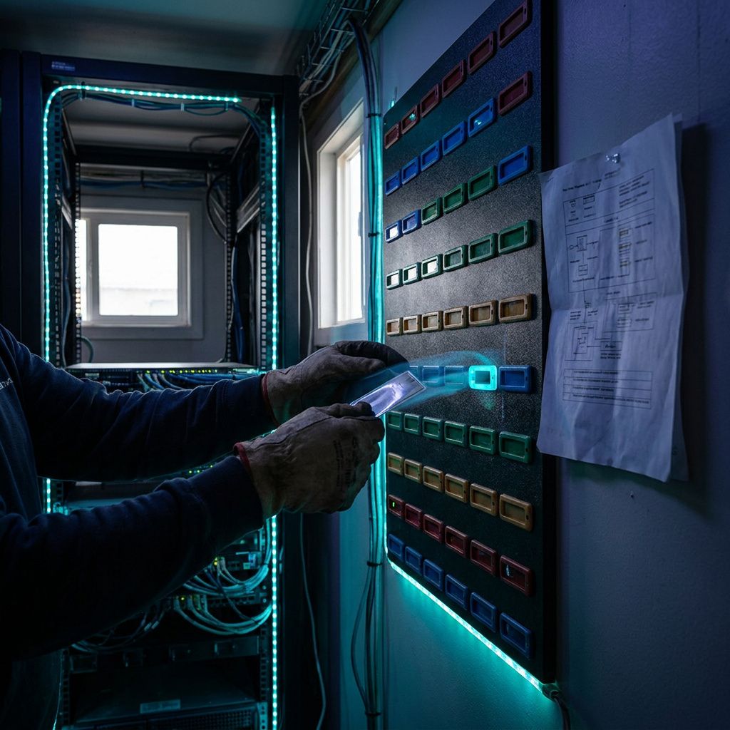 Hænder fra en ingeniør sætter en lamineret checksum-token ind i en release-slot; indigo/cyan lys og diskret data-puls viser deployment-flow.
