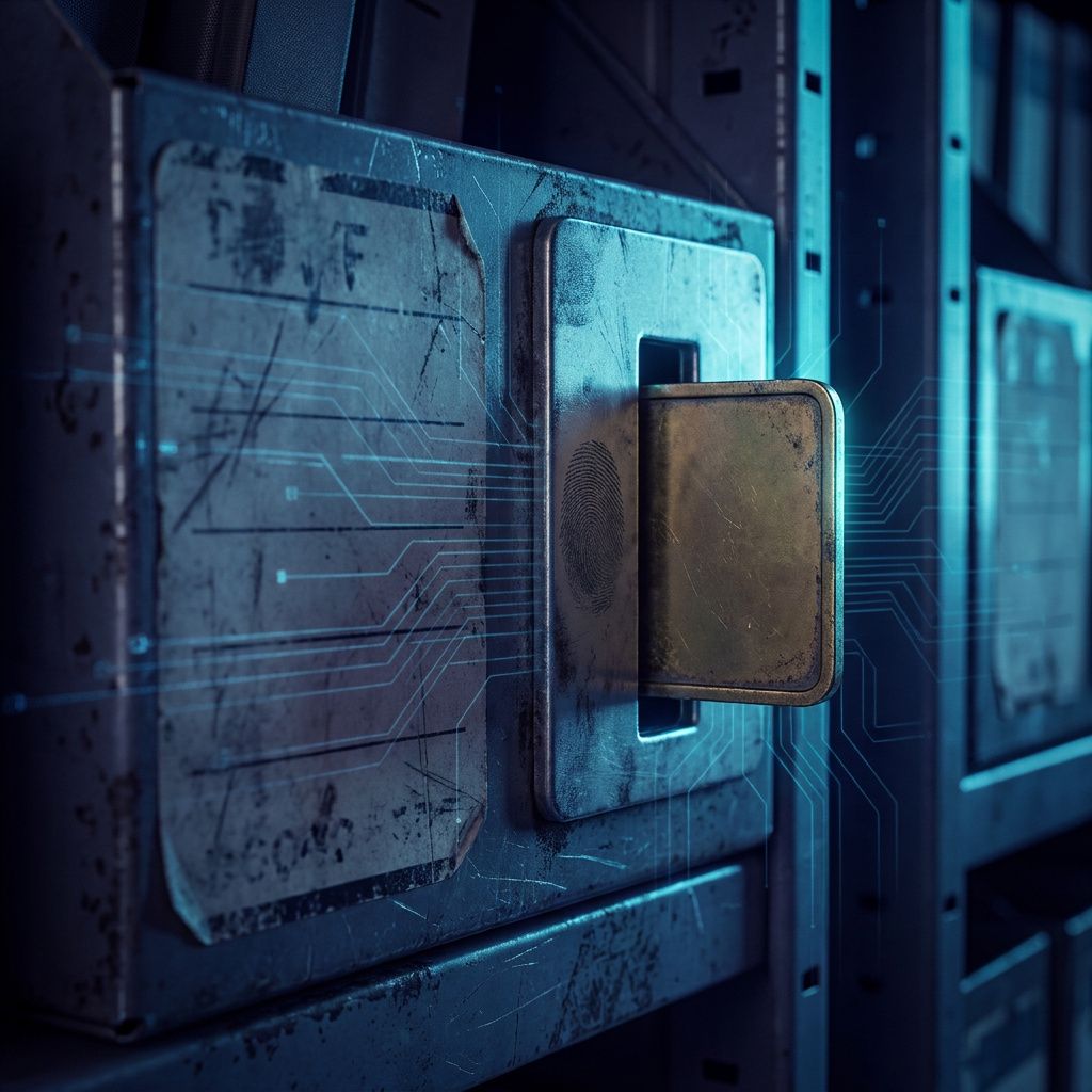 Tæt detalje af slidt indeksryg og anonym token‑slot i et arkiv, indigo lys og cyan accent der antyder sporbarhed.