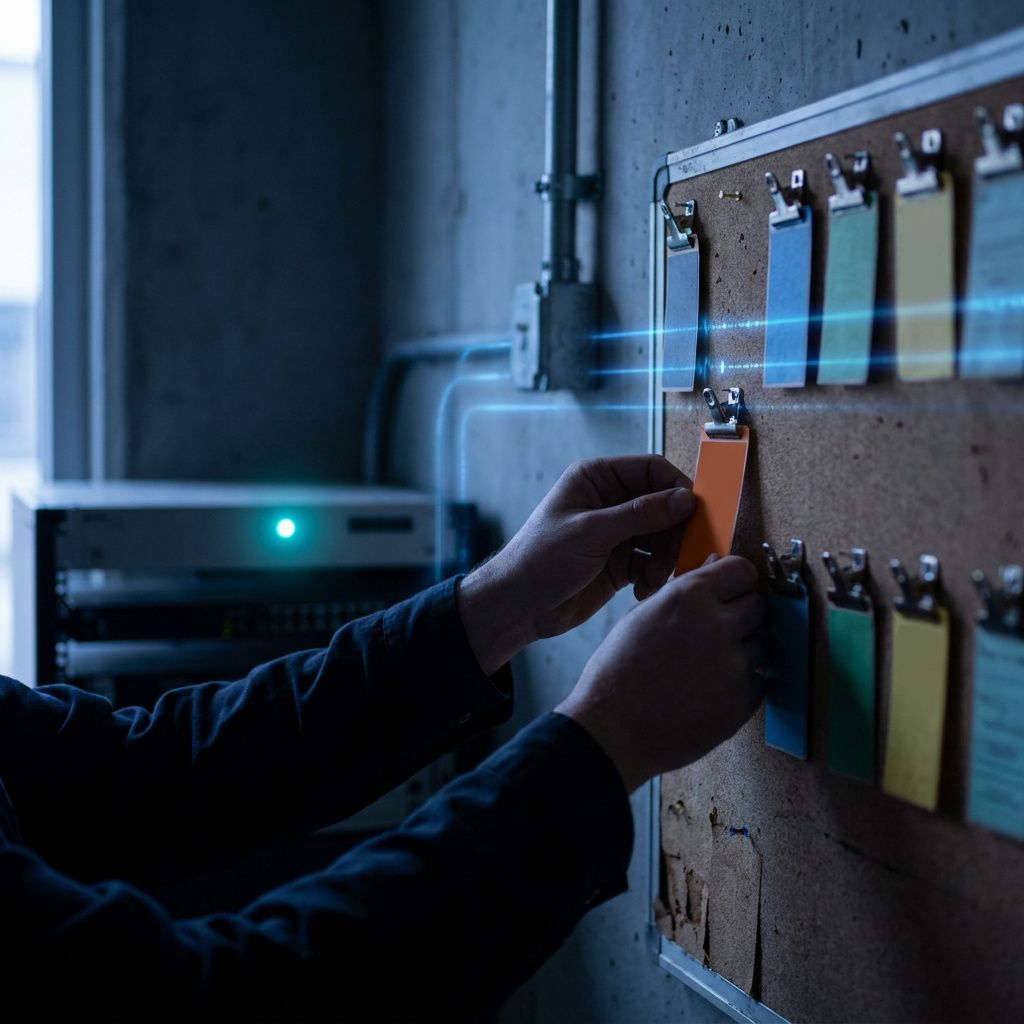 Process i aktion: hænder sætter en farvekode‑tag i et anonymt incidents‑klipsystem, indigo lys og cyan accent.