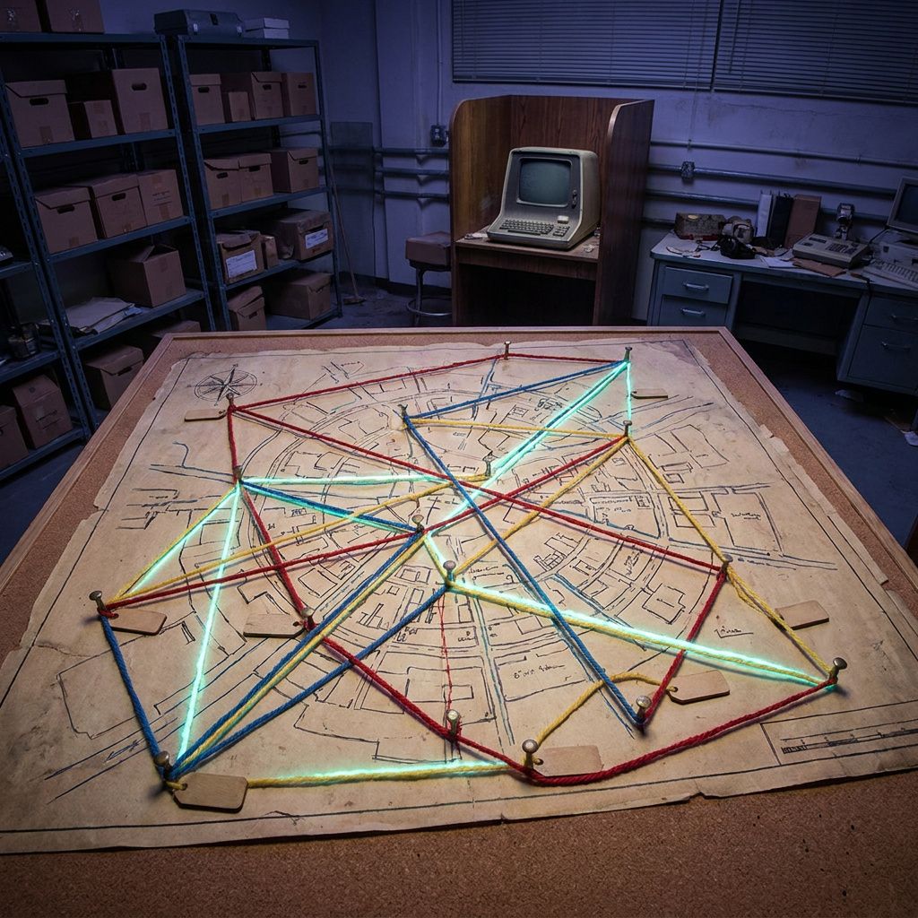 Fysisk routing‑map med farvede snore og anonymiserede pins, indigo lys og cyan signalaccents, metafor for data‑og adgangsveje.