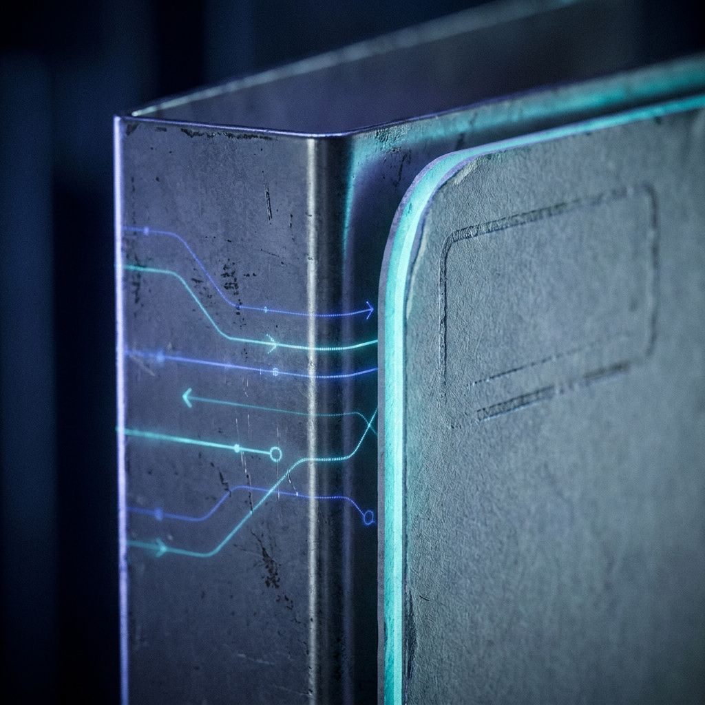 Macro detail of an anonymous index spine and a worn token card edge in a Nordic archive light, indigo tones and cyan pulse accents implying auditable delegation records.