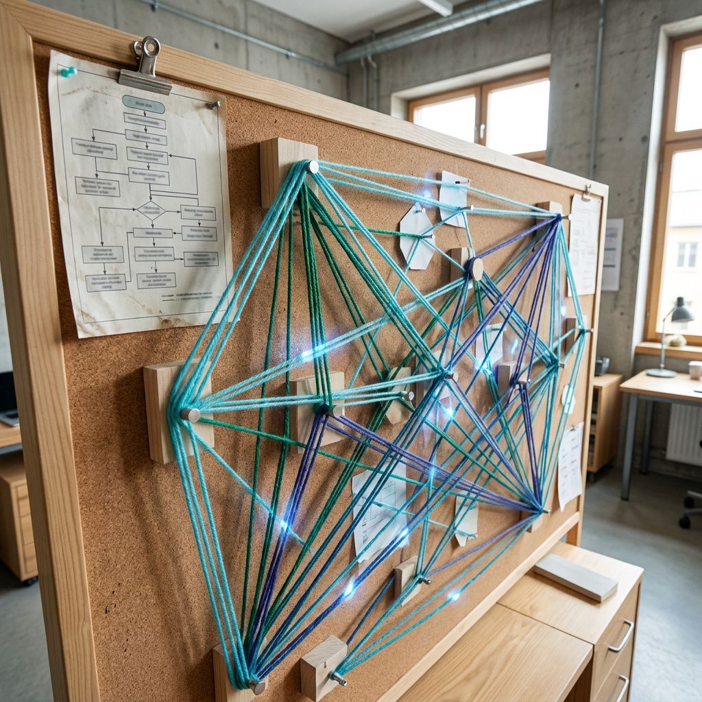 Physical routing map in a Nordic ops room with colored route strings and a clipped lifecycle diagram, indigo tones and green/cyan route highlights implying discovery and verification flows.