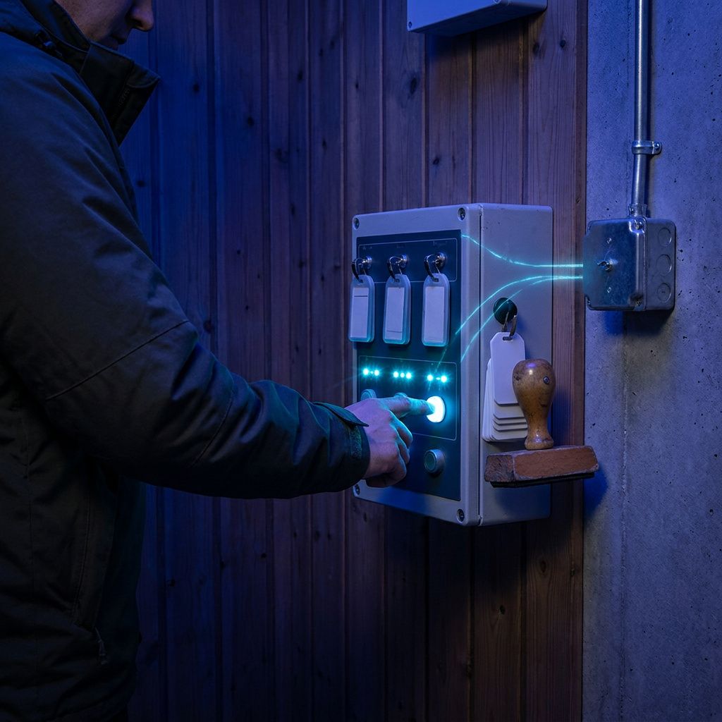Operations alcove mid-drill: technician (torso only) triggers a selective revocation on a wall console, indigo light and cyan status accents show propagation.