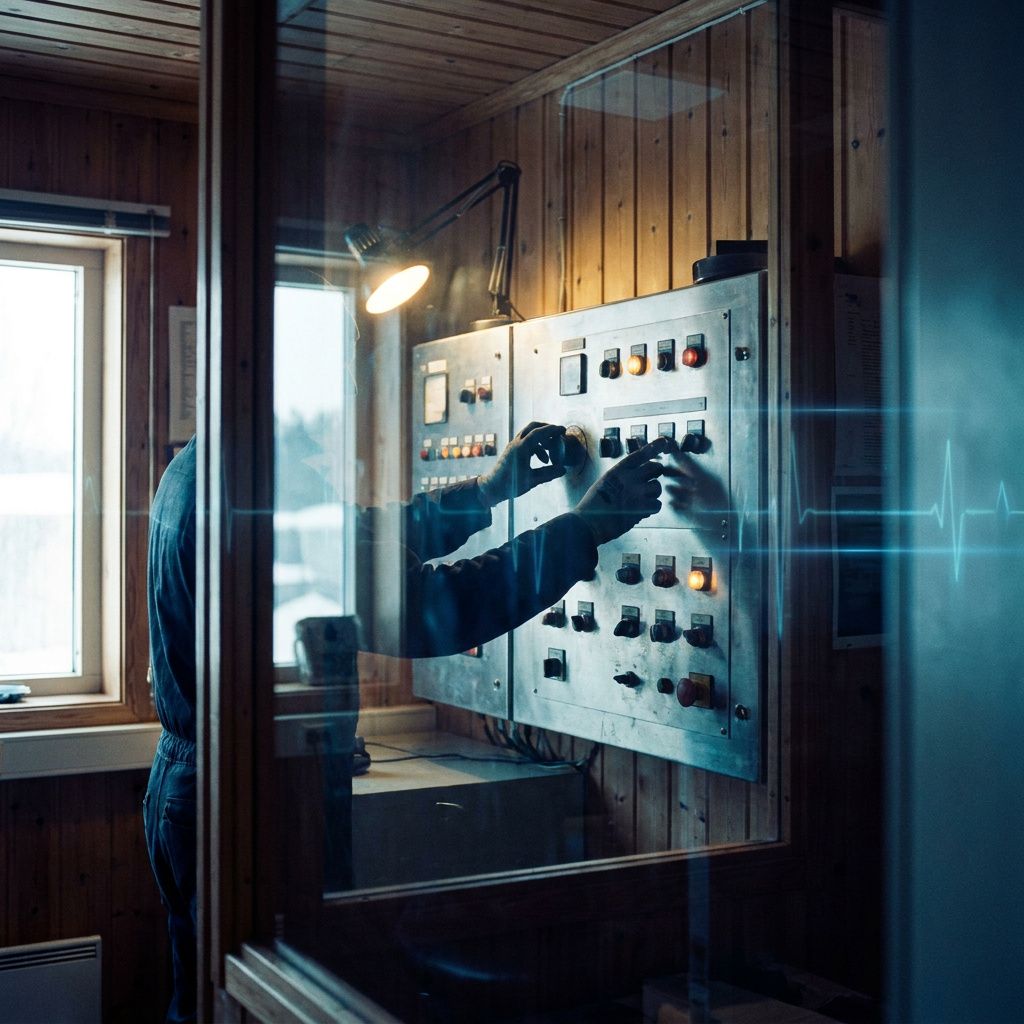 Anonym tekniker (torso og hænder) gennem glas udfører en nøje rotation af et sikkerhedsmodul; dybe indigo/cyan toner, dokumentarisk procesfoto.