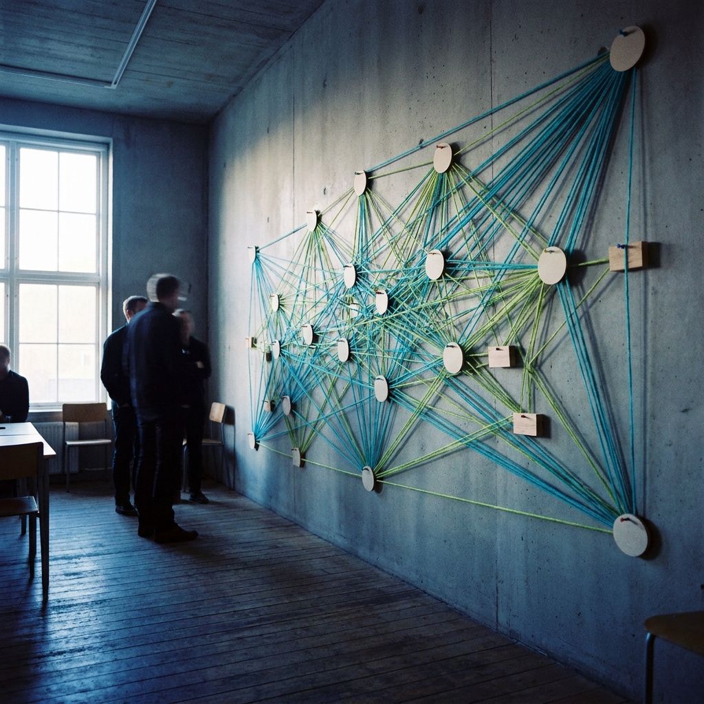 Fysisk routing‑map med farvekodede snore og anonymiserede tags på en væg, indigo/cyan toning som systemmetafor for token‑routing.