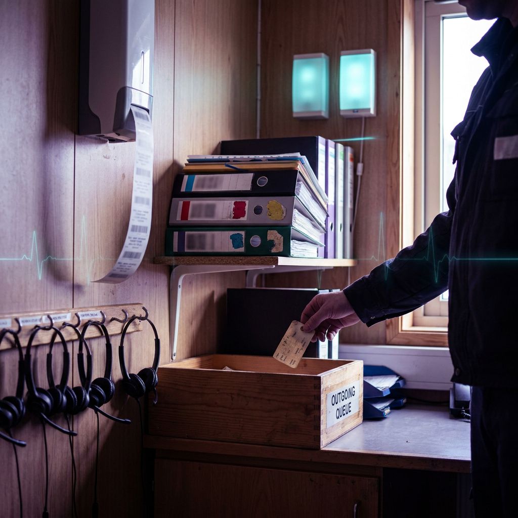 Supportoperations‑alcove i en nordisk bygning: anonym tekniker (kun torso) håndterer en ticket‑tag, indigo/cyan stemning.