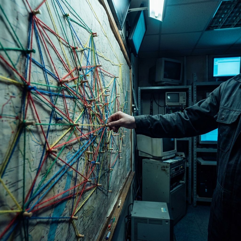 Arkivkorridor med systems map og anonym tekniker, indigo/cyan stemning.