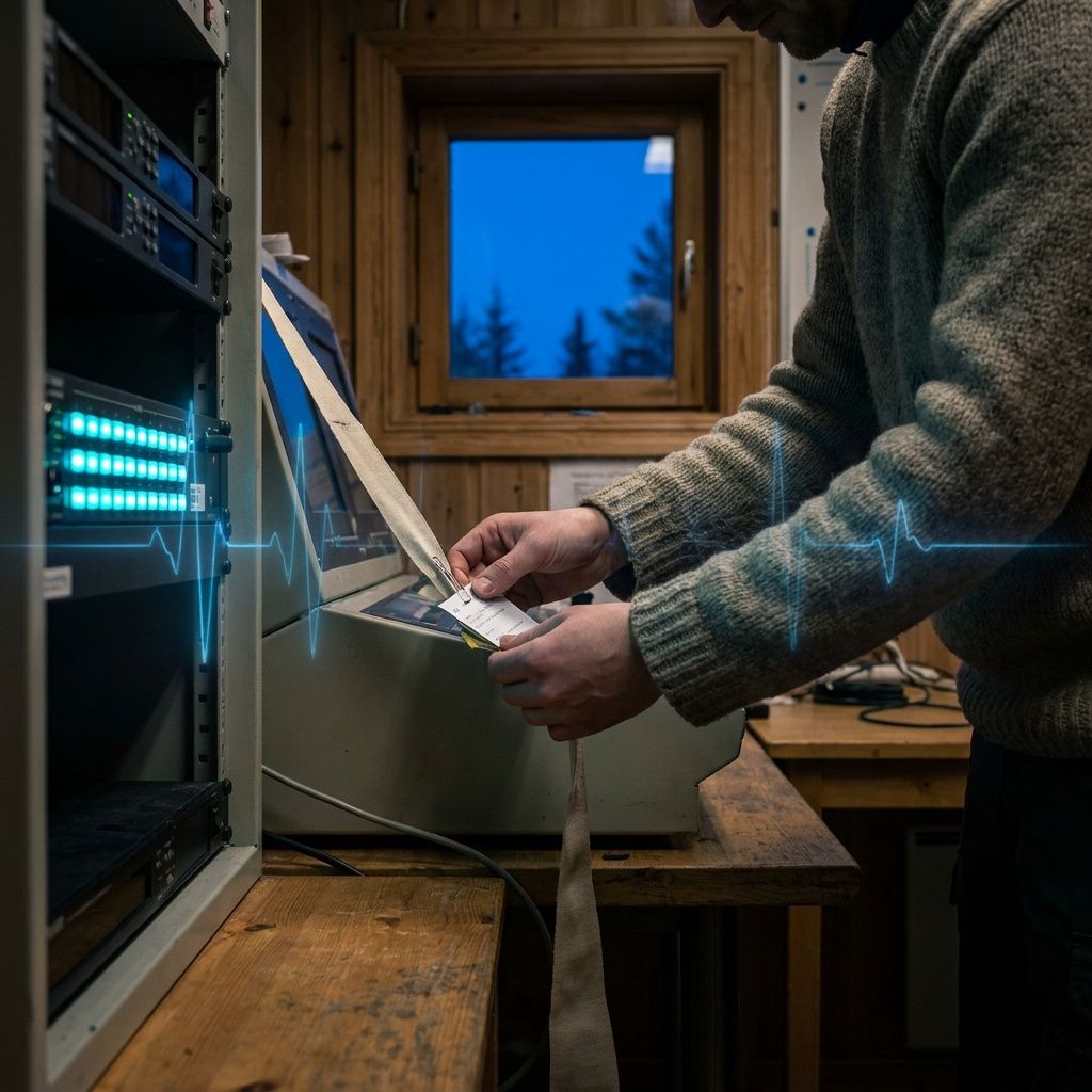 Operations‑foto af en on‑call tekniker (kun torso) der hæfter en anonym incident‑tag på en tavle i en nordisk support‑alkove, indrammet i indigo og cyan‑grønne signaler.