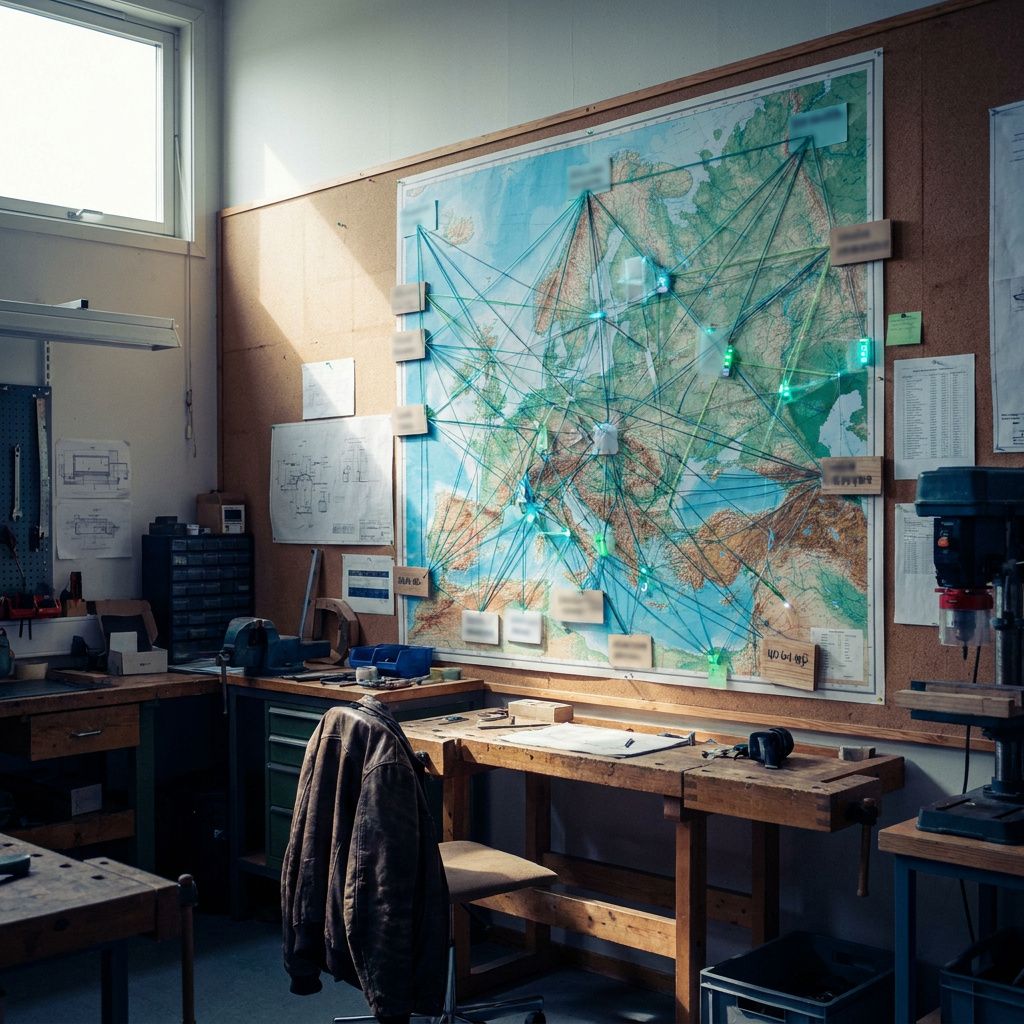 Bredt foto af en fysisk rutekort‑væg med anonymiserede tråde mellem kasser, cyan‑grønne markeringer og indigo skygger, som metafor for tracing og systemproveniens.