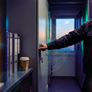 Nordic corridor by a sealed archive alcove with metal binders and a technician (torso only) pausing, indigo shadows and cyan signal accents hint at versioned specs and task traces.