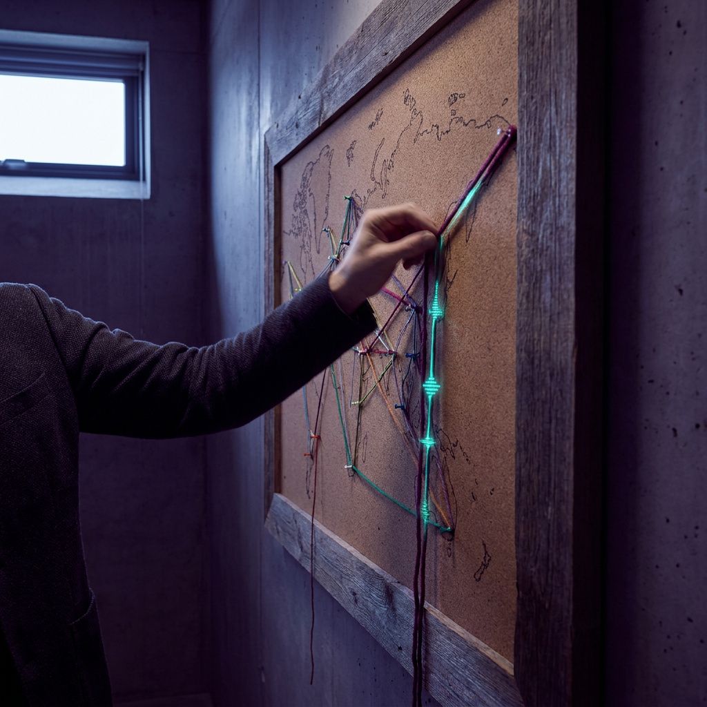 Anonymized engineer attaching a yarn link to a physical routing map in an operations niche, suggesting a spec being approved and live tasks starting; indigo and cyan mood.