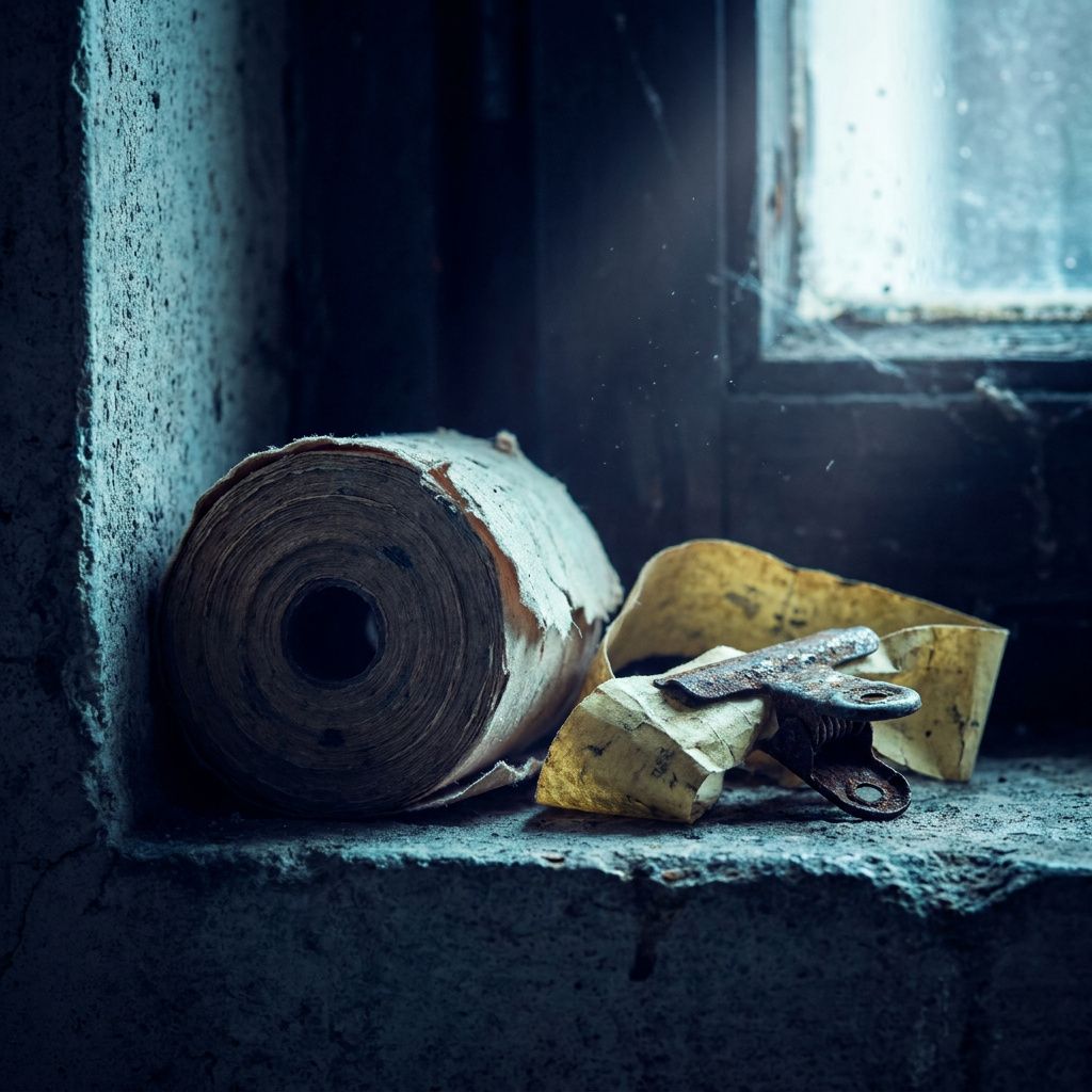 Nærbillede af en slidt service‑token rulle og et audit‑tape i en metalholder, i dybe lilla toner med cyan kantlys, uden læsbar tekst.