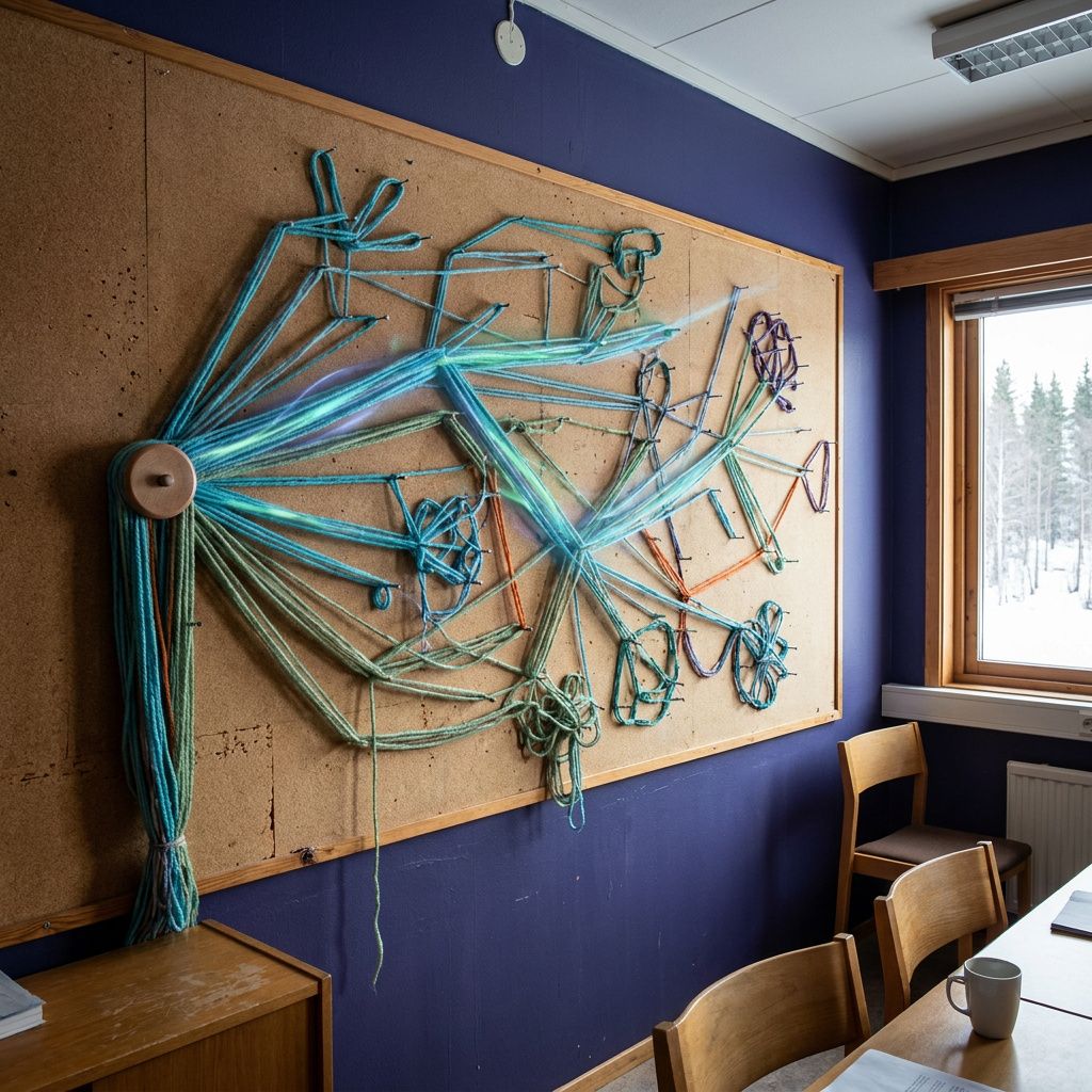 Bredt foto af en fysisk routing‑map med farvede garntråde der spreder sig fra én knop i flere retninger, i indigo/cyan Snilld‑stil, uden tekst.